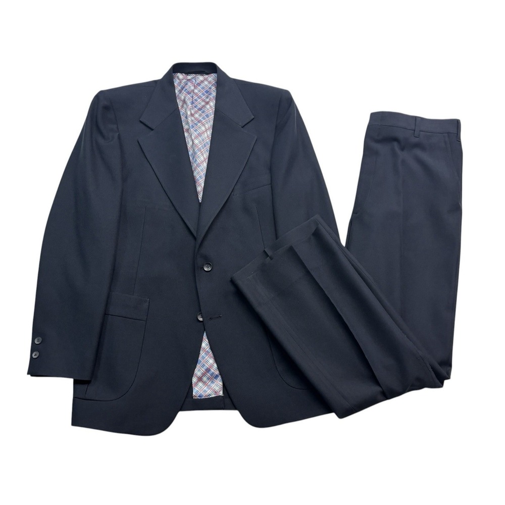 vtg 1970s Johnny Carson 40R 34x32 Navy Blue 2pc Pant Suit‎ Knit USA Flare Leg